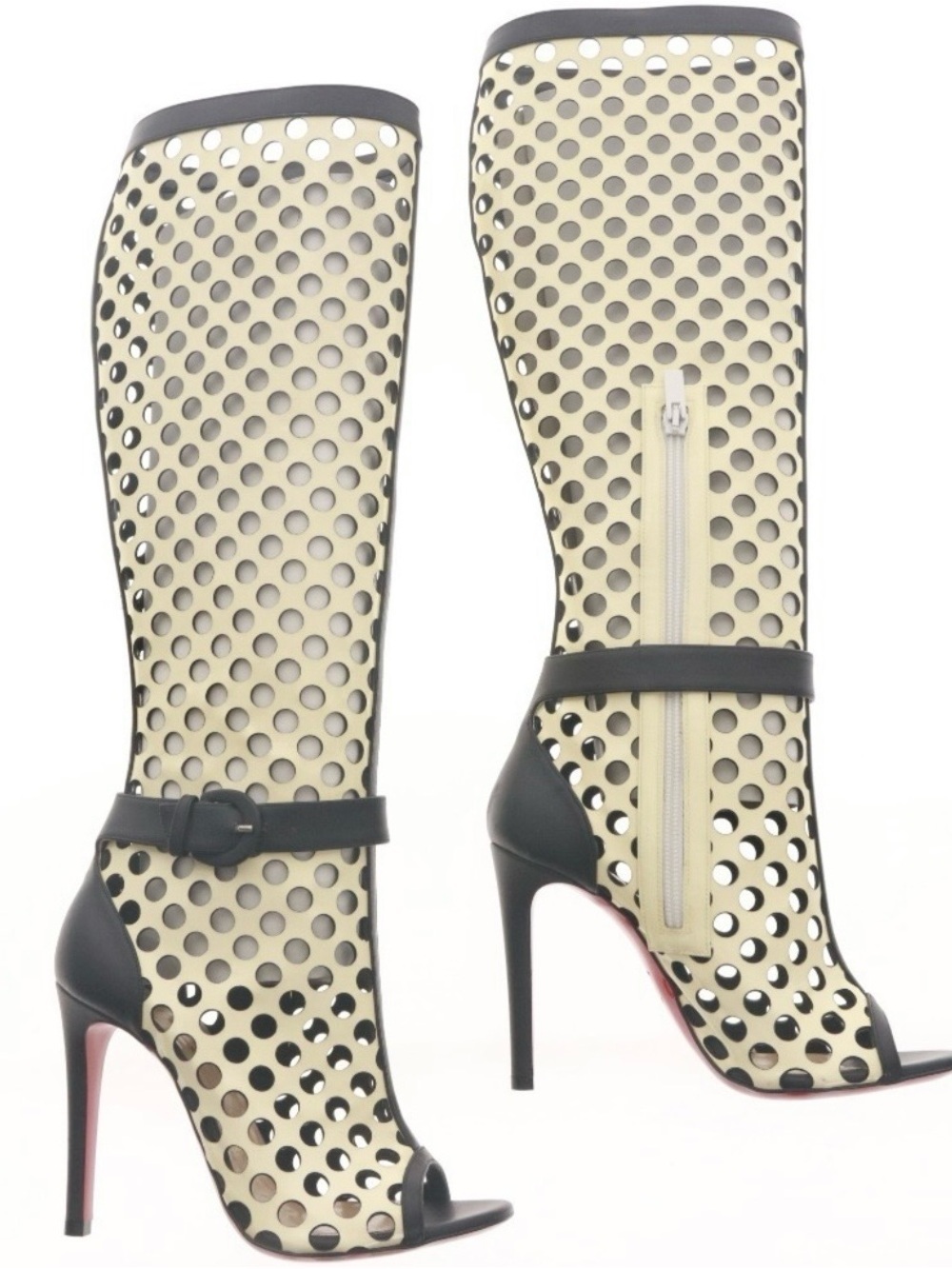 Christian Louboutin Black and Cream Perforated Mesh Knee Boots